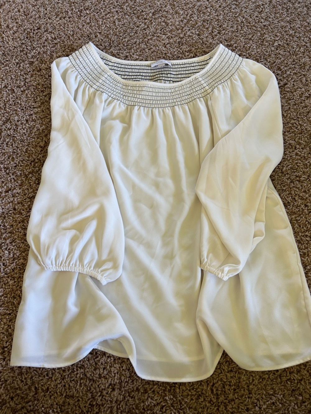 LOFT Cream Off-Shoulder Smocked-Neck Blouse